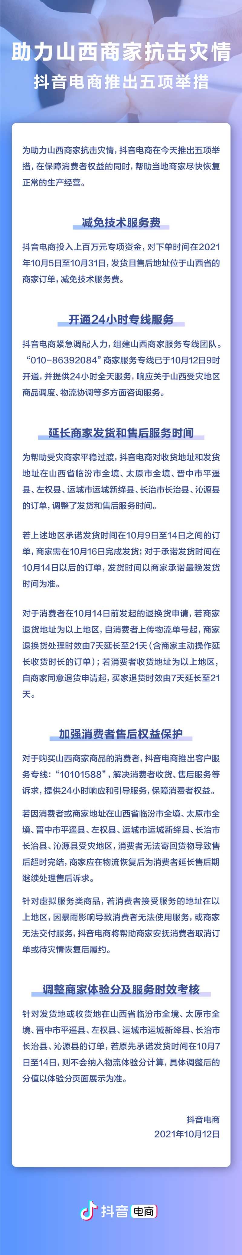 抖音电商：面向山西商家推出减免技术服务费等五项扶持措施